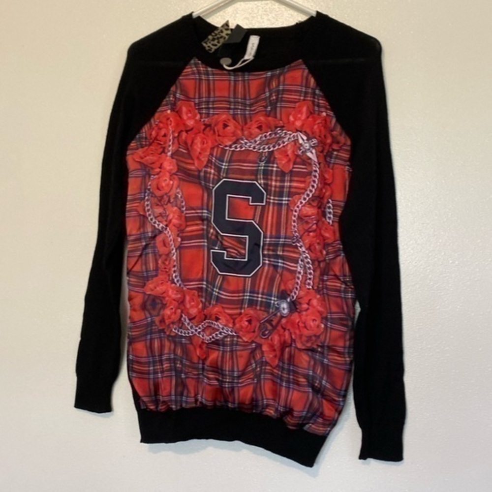 Shikired rose chains and safety pins plaid sweater xl